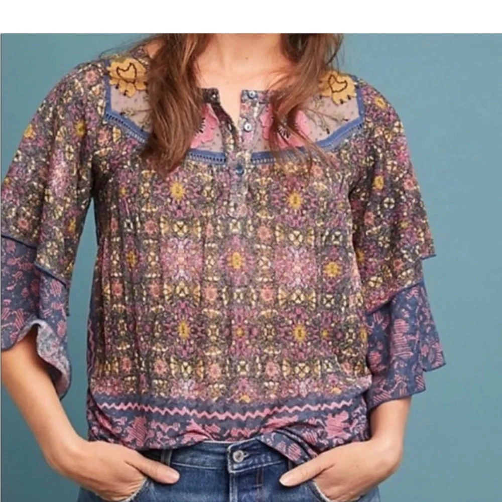 NWT Anthropologie Cuitadella top size Large; lace overlay embroidered flowers - Picture 4 of 16